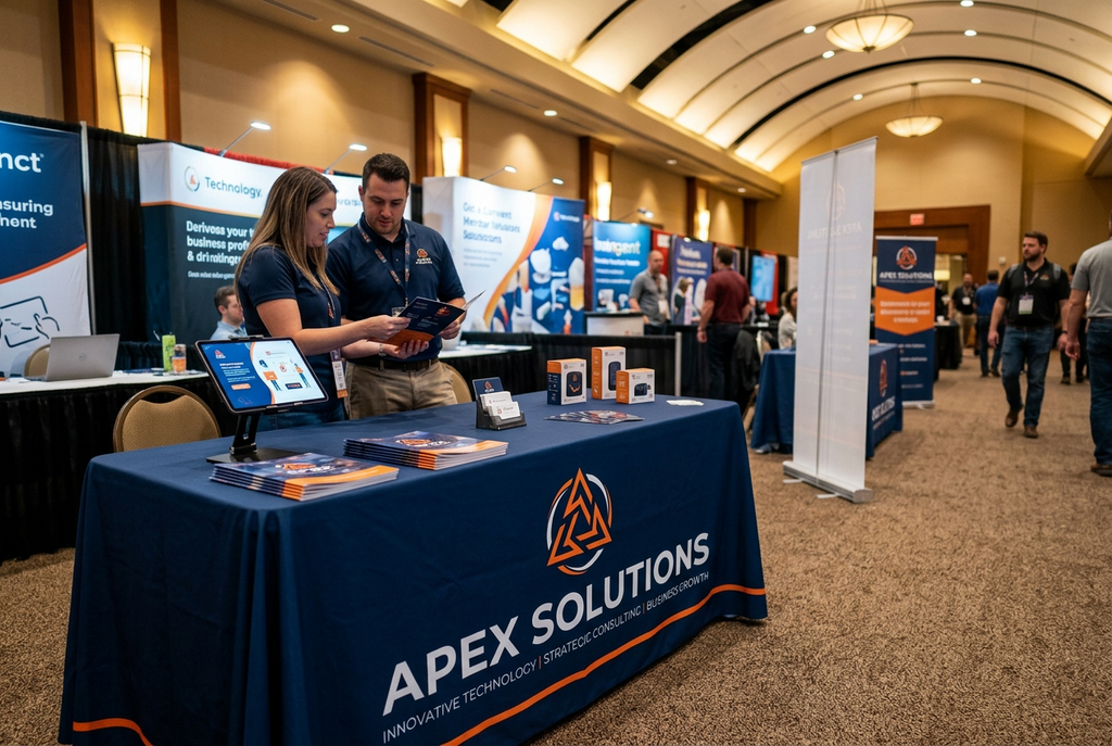 Custom printed logo table cover on a vendor table at an indoor event, Detroit