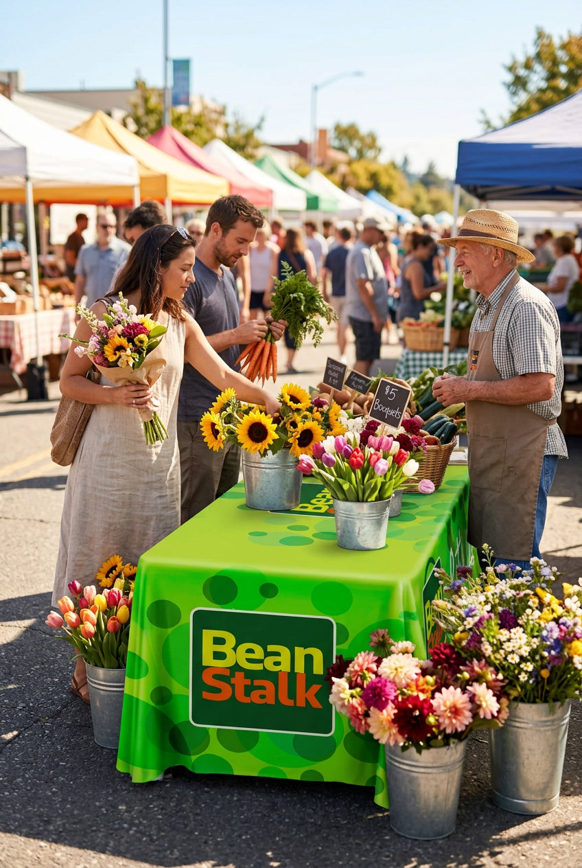 Custom printed table cover on a vendor table at an outdoor farmers market, Detroit