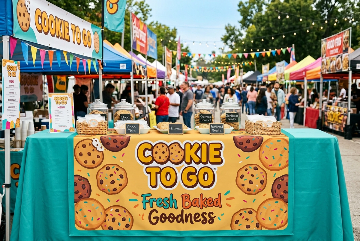Custom printed table runner with a bakery logo on a vendor table at an outdoor festival, Detroit