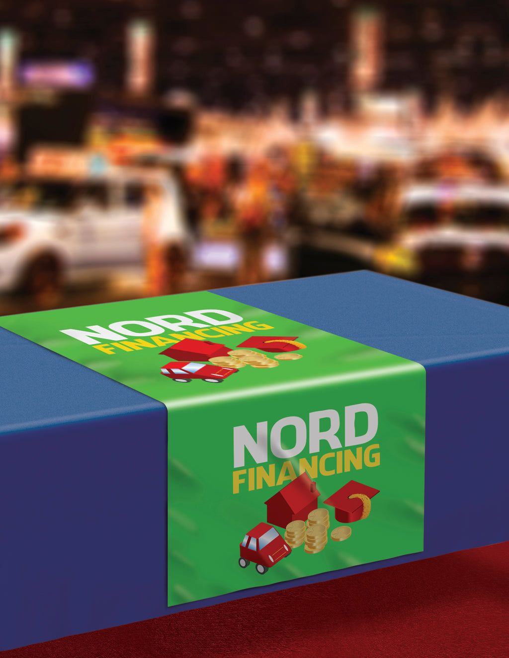 Custom full color printed table runner with a company logo on a trade show table, Detroit