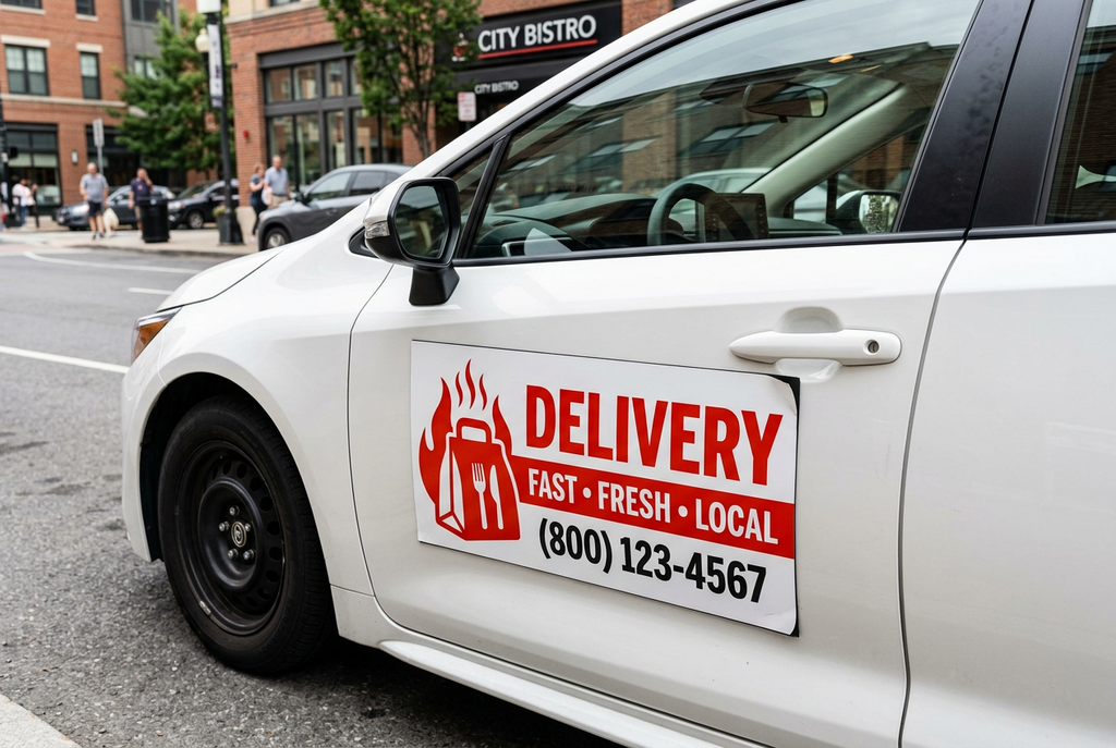 Custom vehicle magnet sign with business logo on a white van