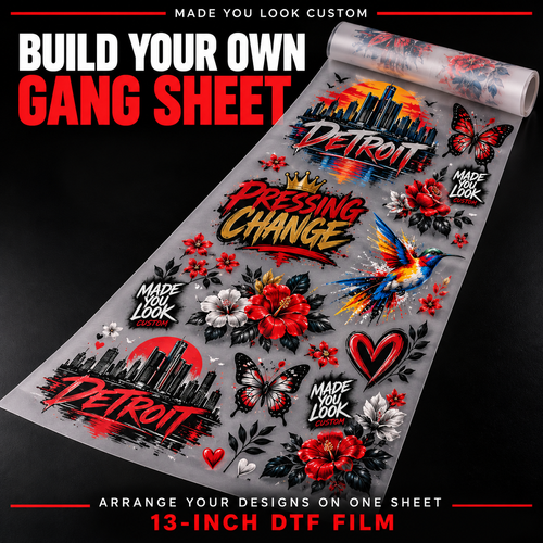 Made You Look Custom DTF gang sheet: a long roll of transfer film with multiple colorful designs arranged together.